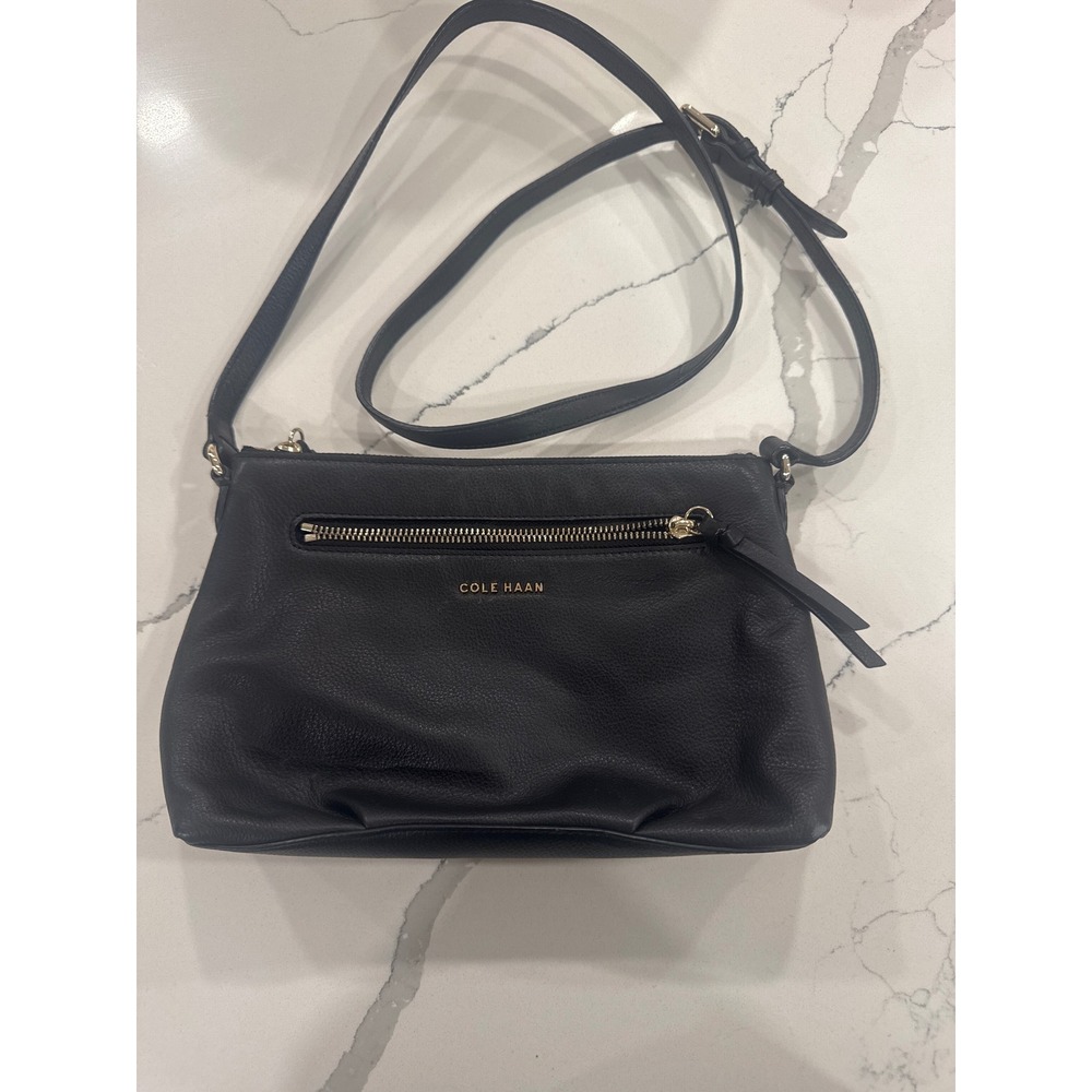 Cole Haan Black Pebbled Leather Crossbody Bag Gold Hardware Front Zip Pocket
